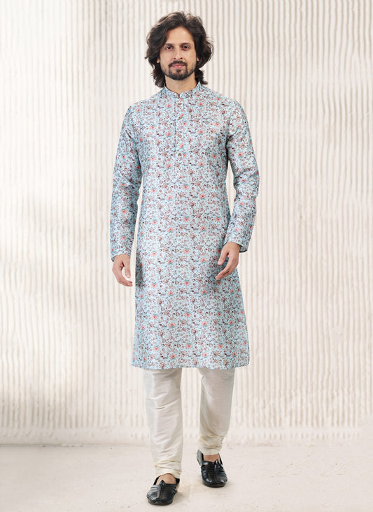 Fancy Work Banarasi Jacquard Turquoise Kurta Pyjama - M5181