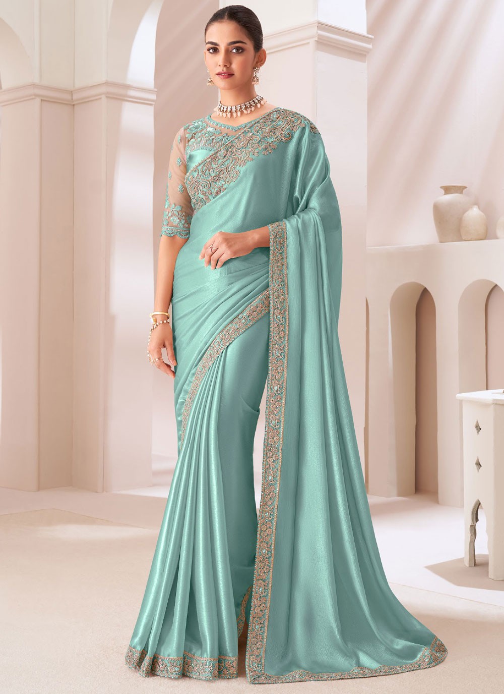 Classic Border Work Chiffon Satin Saree - S10557