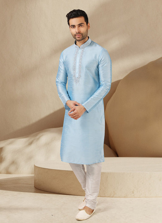 Embroidered Banarasi Silk Turquoise Kurta Pyjama - M3234