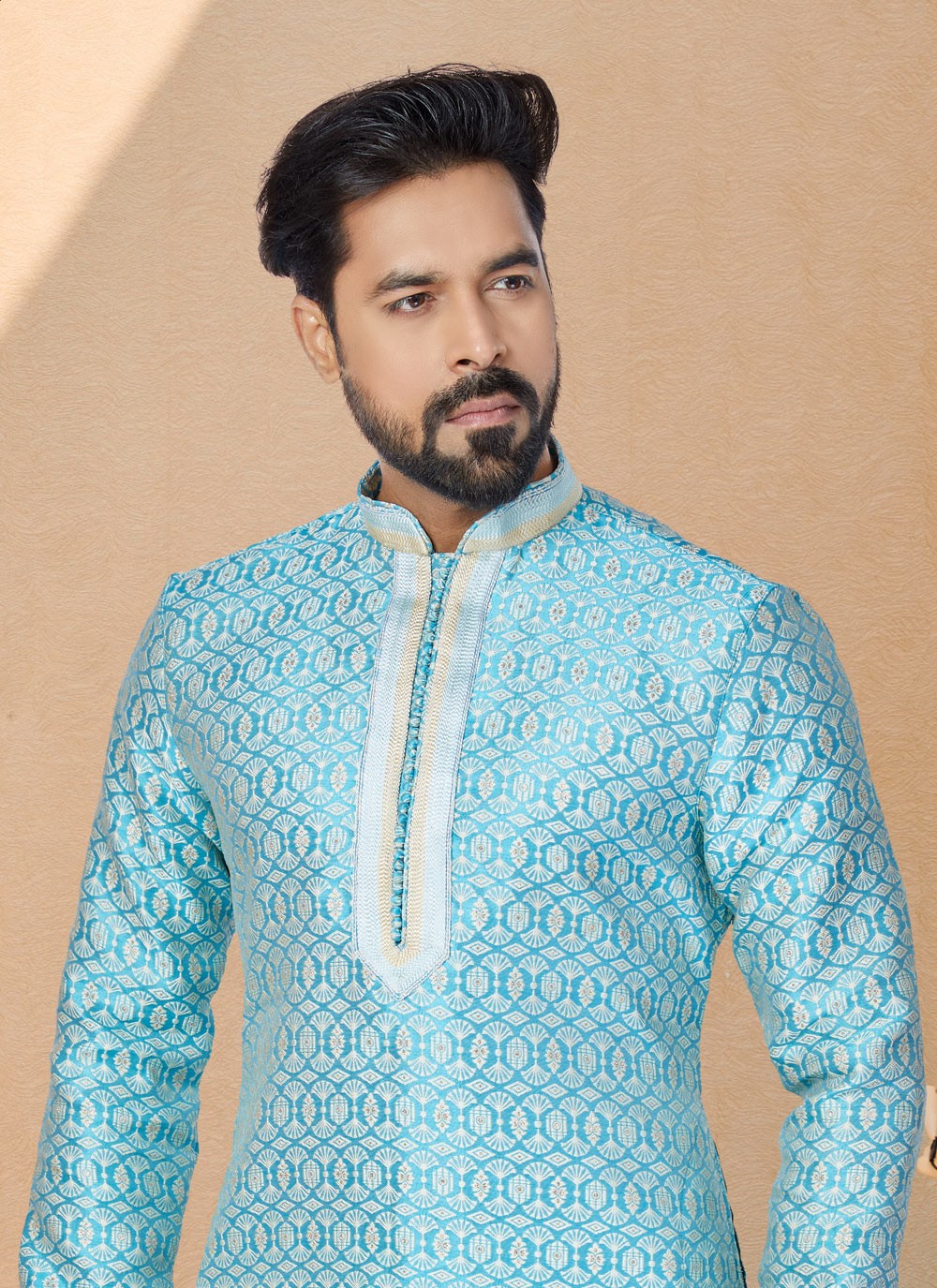 Jacquard Work Jacquard Silk Turquoise Kurta Pyjama - M4929