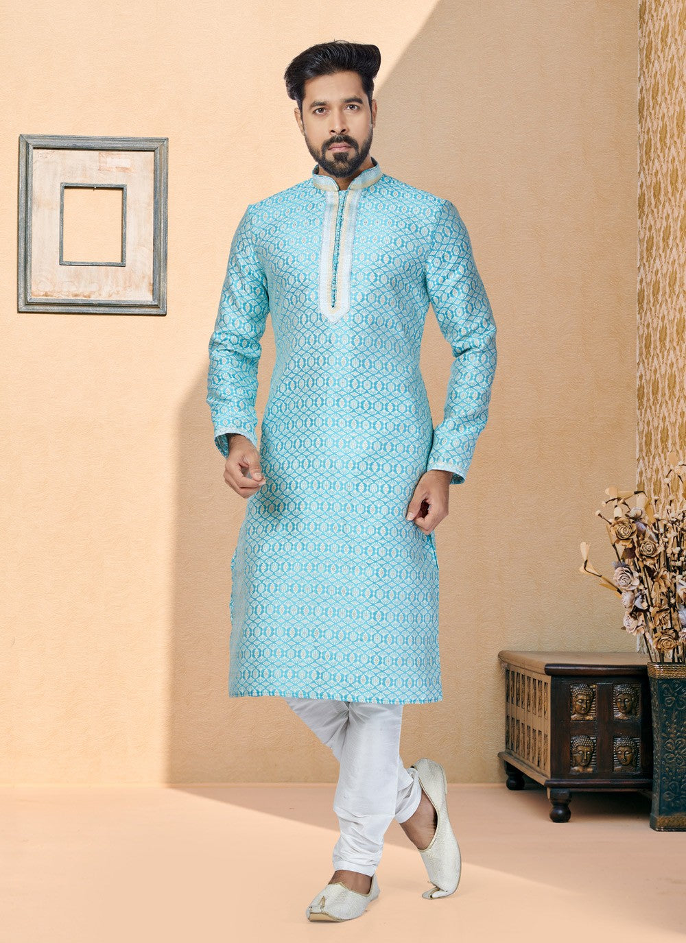 Jacquard Work Jacquard Silk Turquoise Kurta Pyjama - M4929