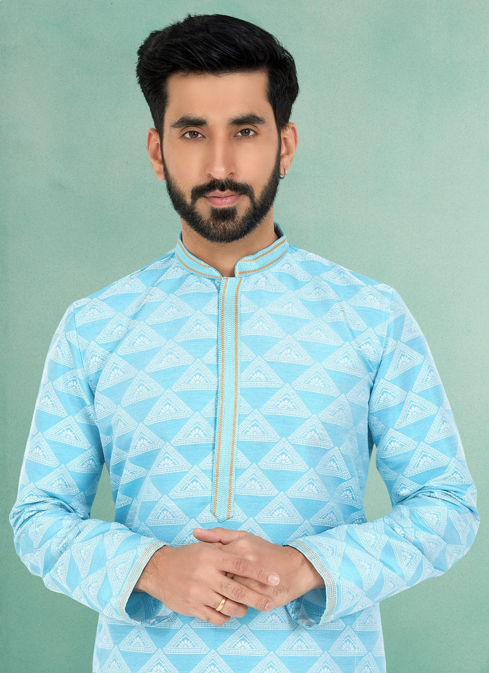 Jacquard Work Jacquard Silk Turquoise Kurta Pyjama - M4930