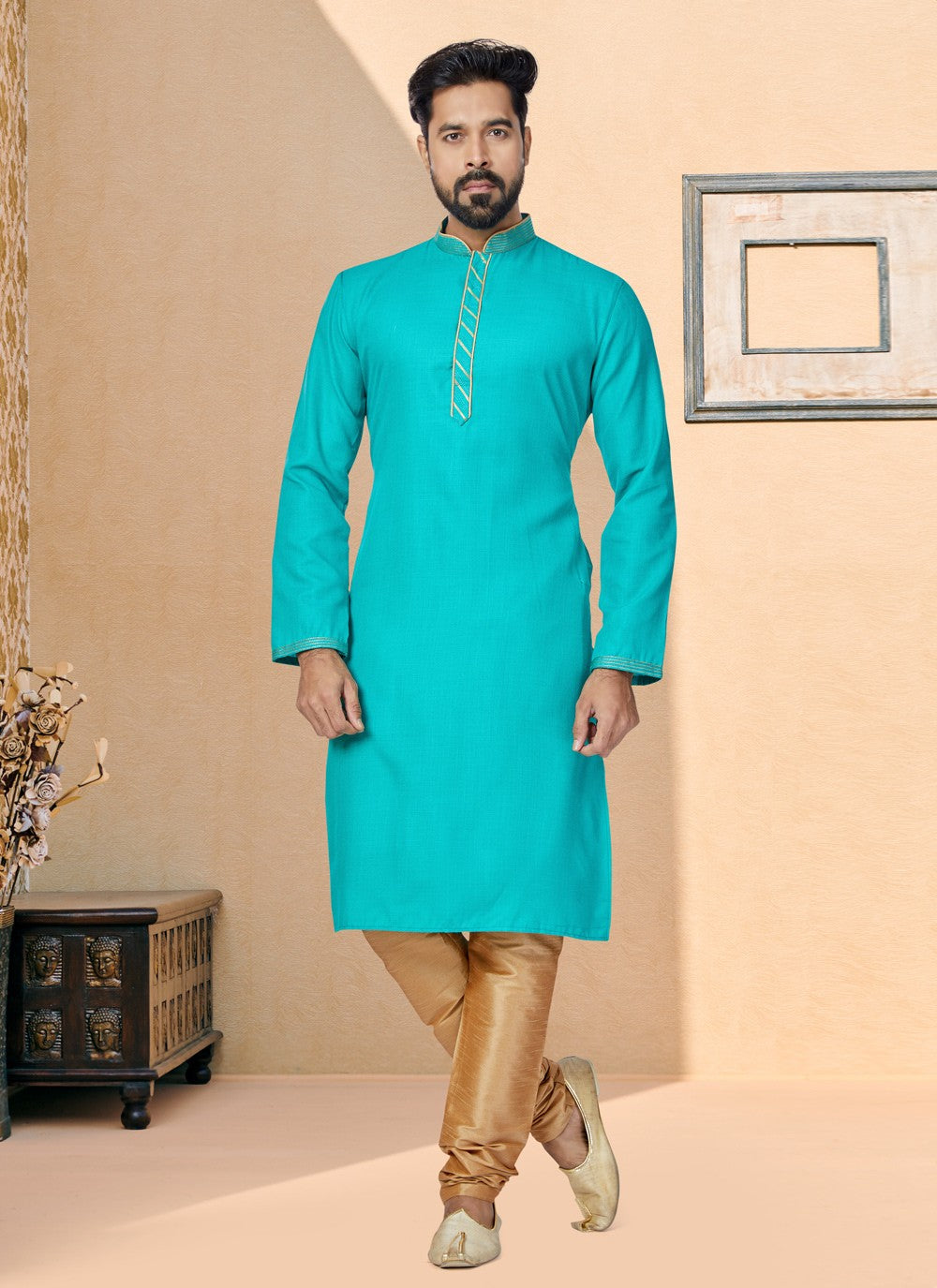 Plain Cotton Turquoise Kurta Pyjama - M4949