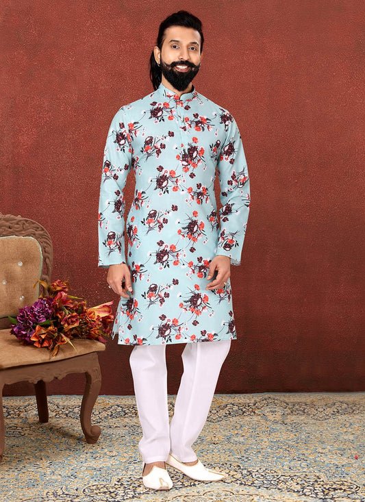 Digital Print Cotton Turquoise Kurta Pyjama - M2580