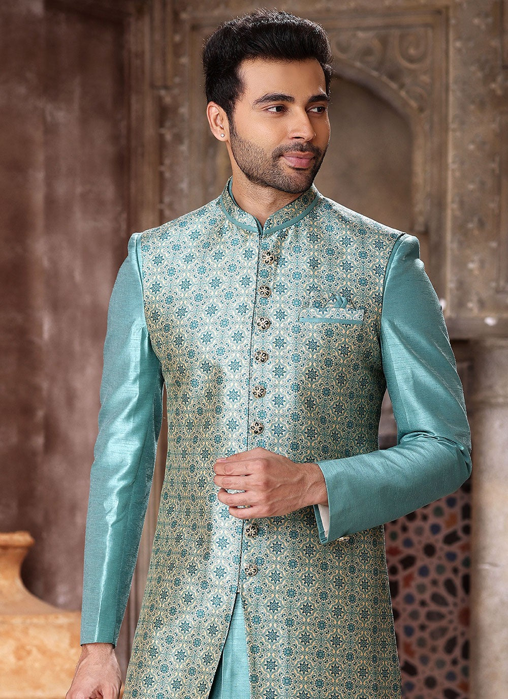 Embroidered Art Silk Turquoise Indo Western - M5275