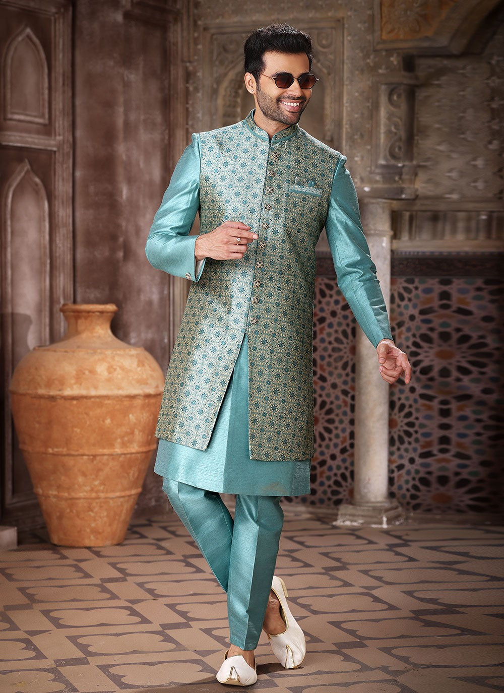 Embroidered Art Silk Turquoise Indo Western - M5275