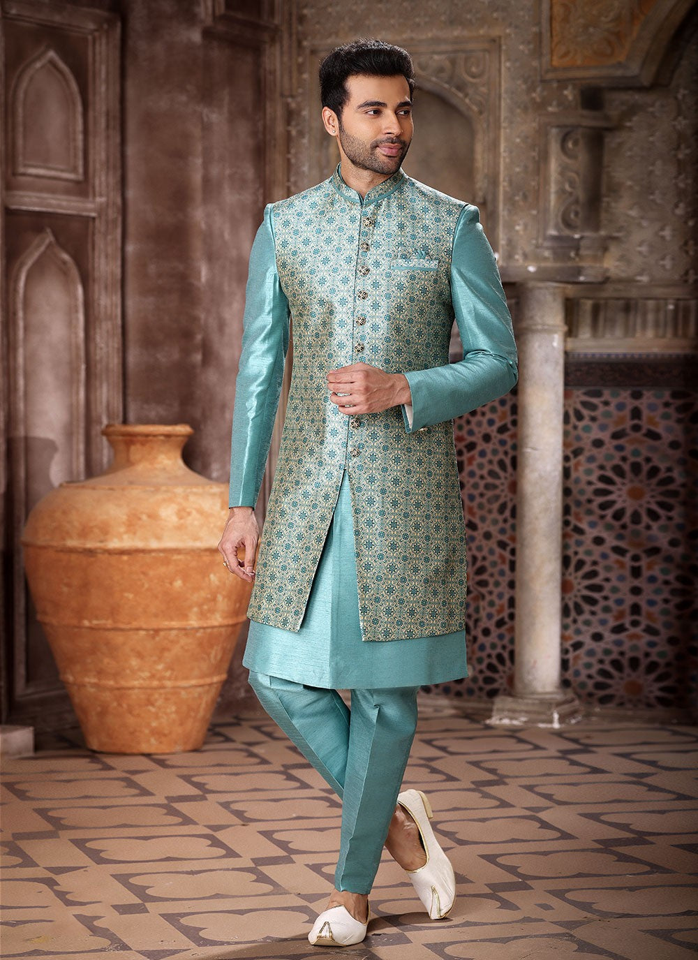 Embroidered Art Silk Turquoise Indo Western - M5275