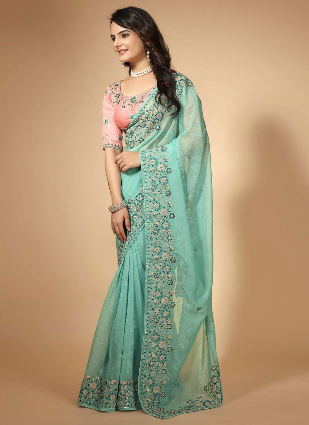 Classic Embroidered Organza Turquoise Saree - S11235