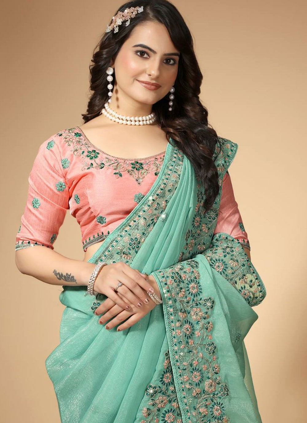 Classic Embroidered Organza Turquoise Saree - S11235