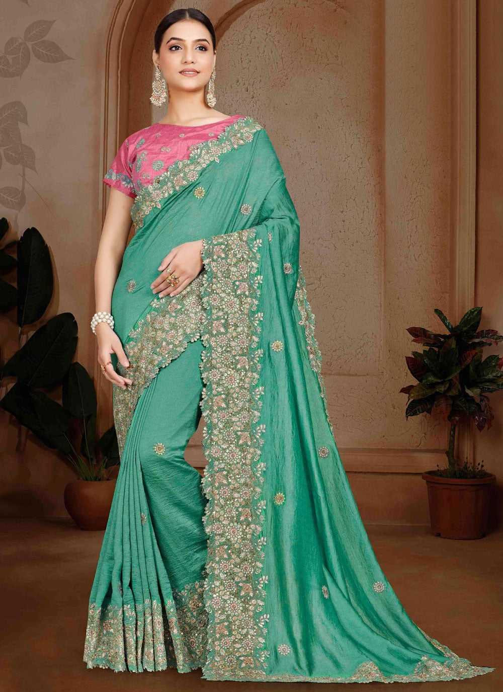 Border Work, Cut Work, Embroidered, Moti, Stones Art Silk Saree - S12121