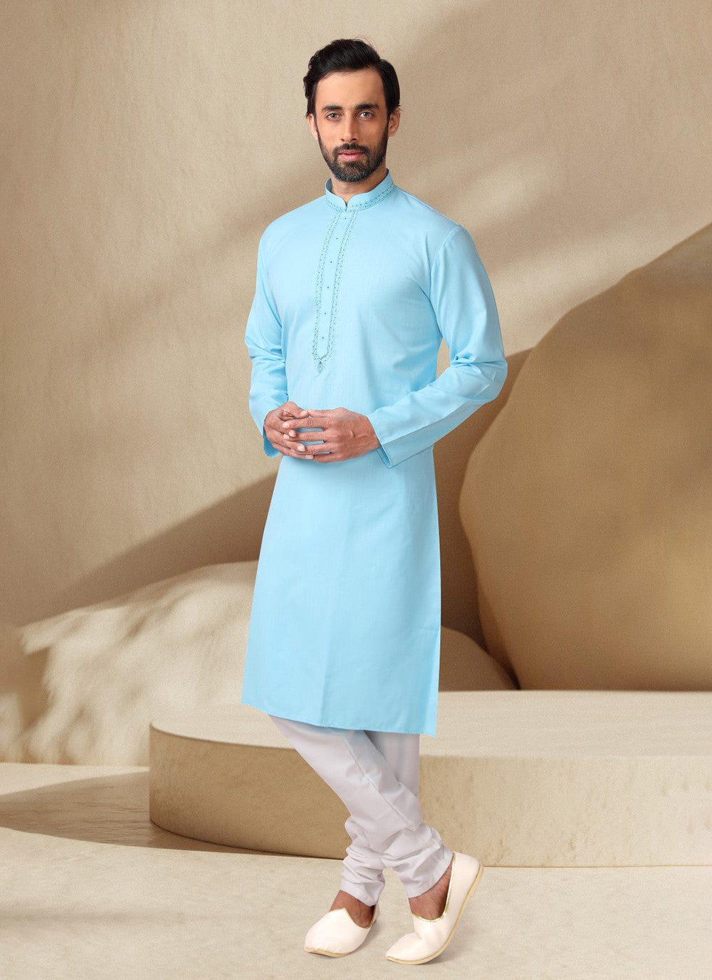 Embroidered Cotton , Rayon Turquoise Kurta Pyjama - M7000