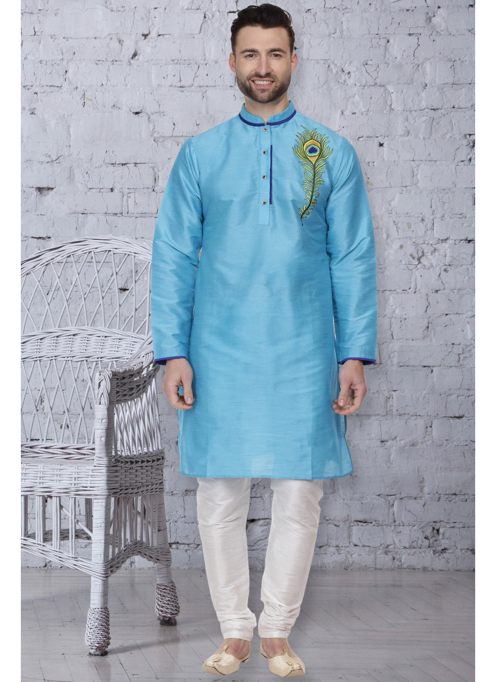 Embroidered Dupion Silk Turquoise Kurta Pyjama - M1065