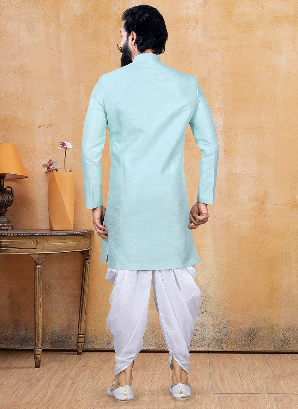 Fancy Work Jacquard Silk Turquoise Dhoti Kurta - M3379