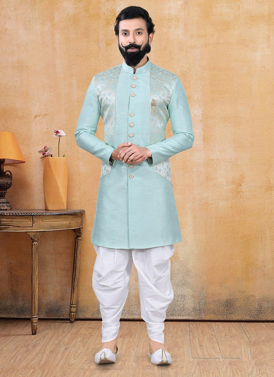 Fancy Work Jacquard Silk Turquoise Dhoti Kurta - M3379