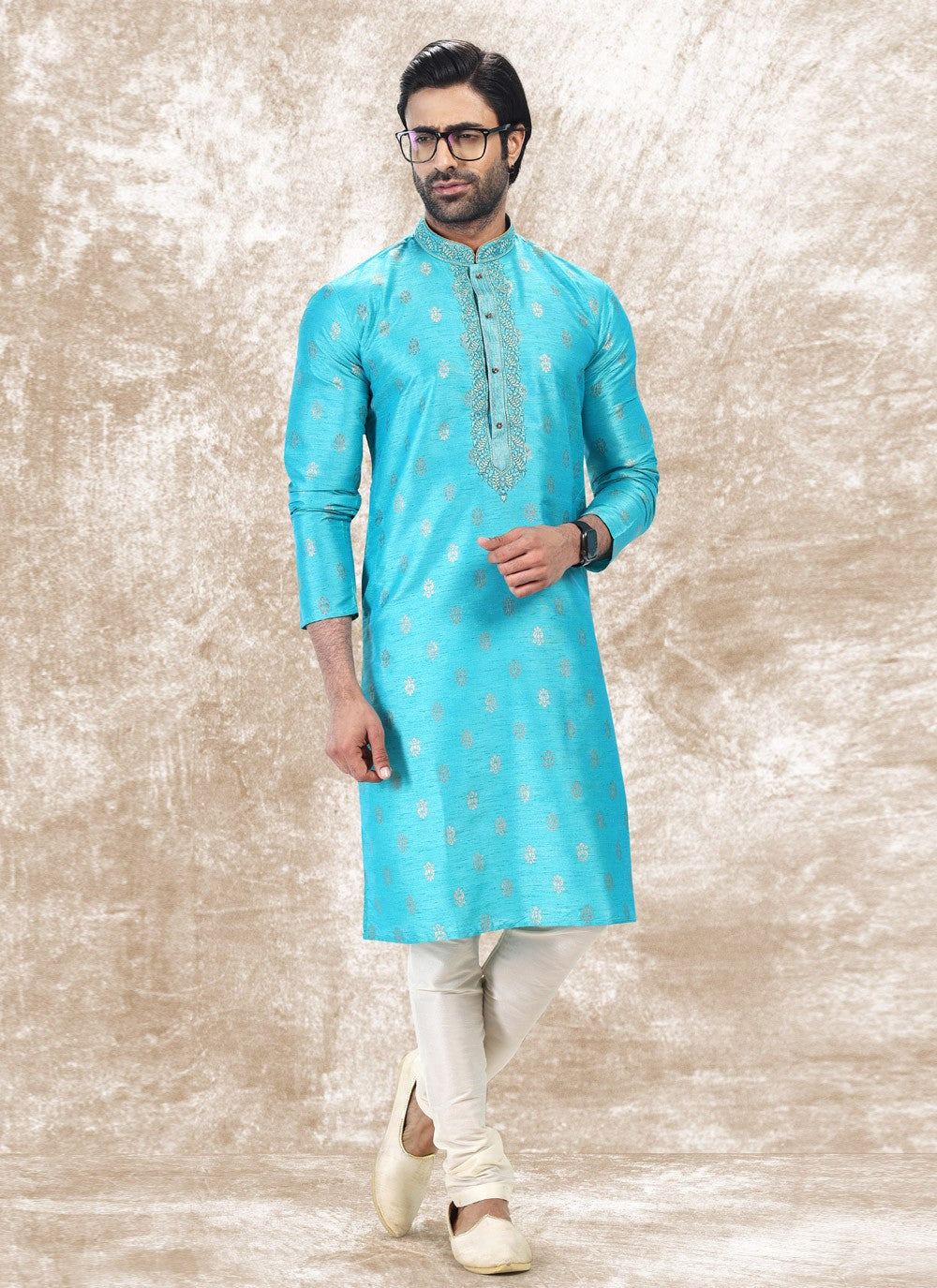 Fancy Work Brocade, Jacquard Silk Turquoise Kurta Pyjama - M4852