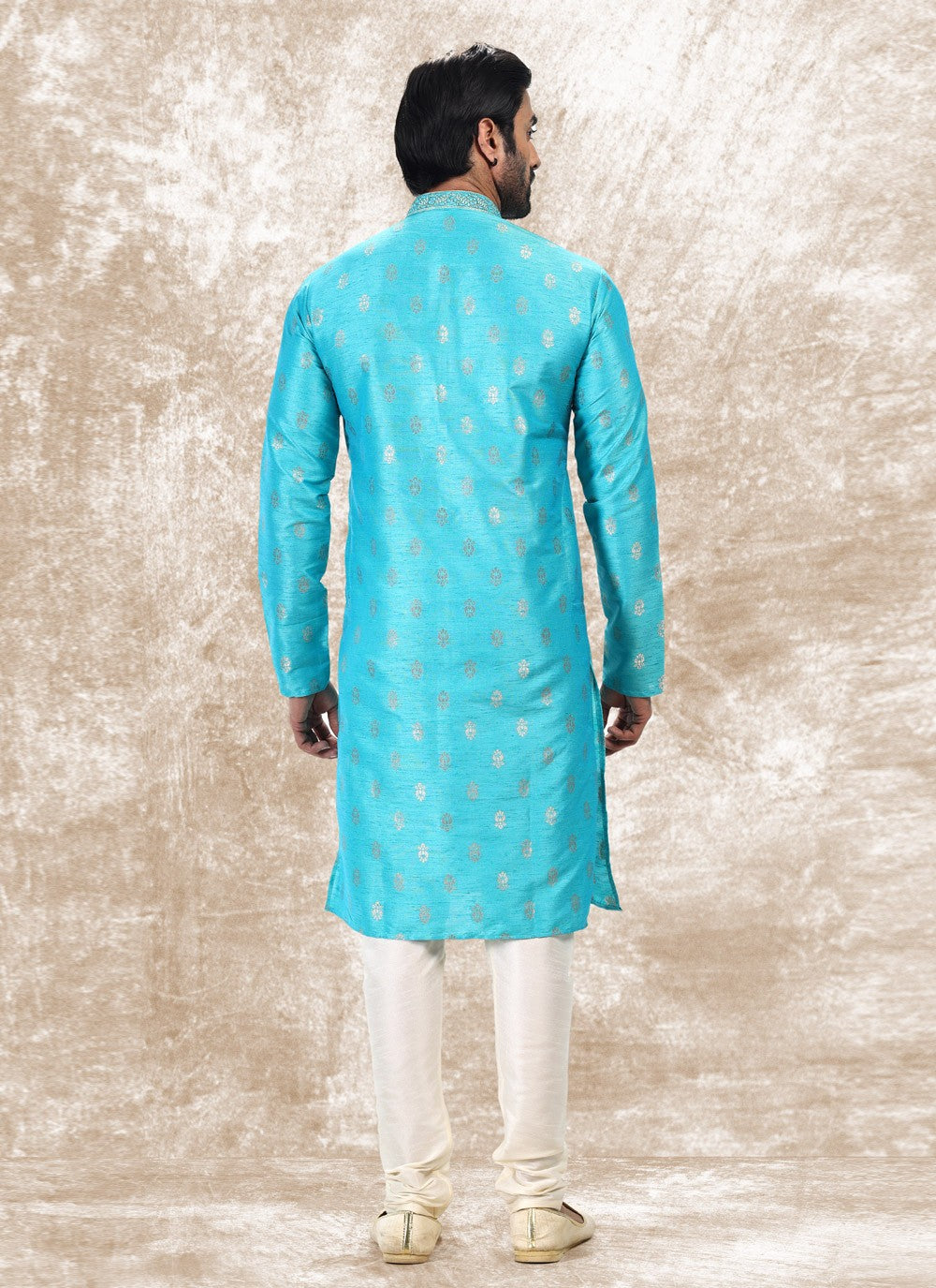 Fancy Work Brocade, Jacquard Silk Turquoise Kurta Pyjama - M4852