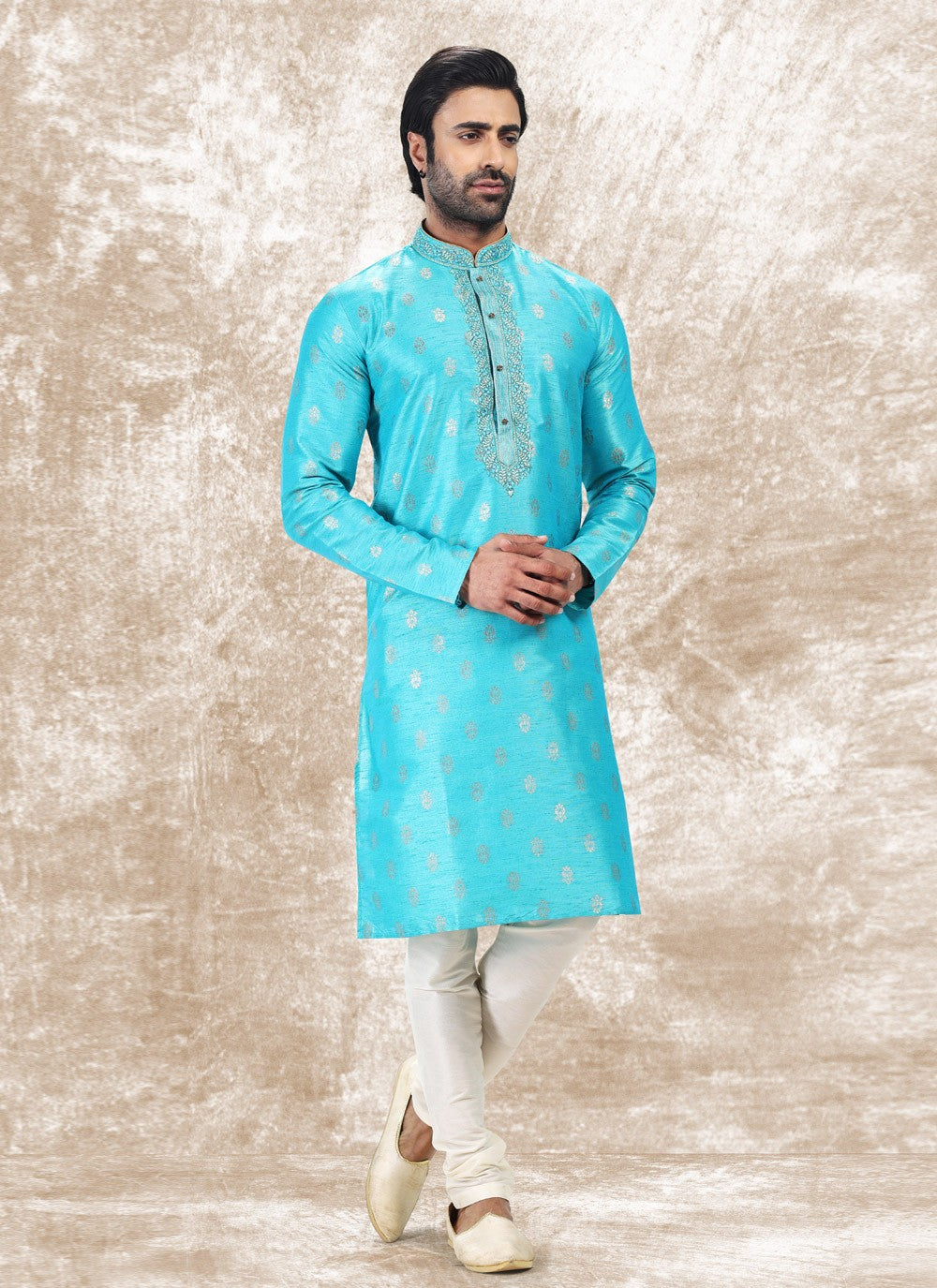 Fancy Work Brocade, Jacquard Silk Turquoise Kurta Pyjama - M4852