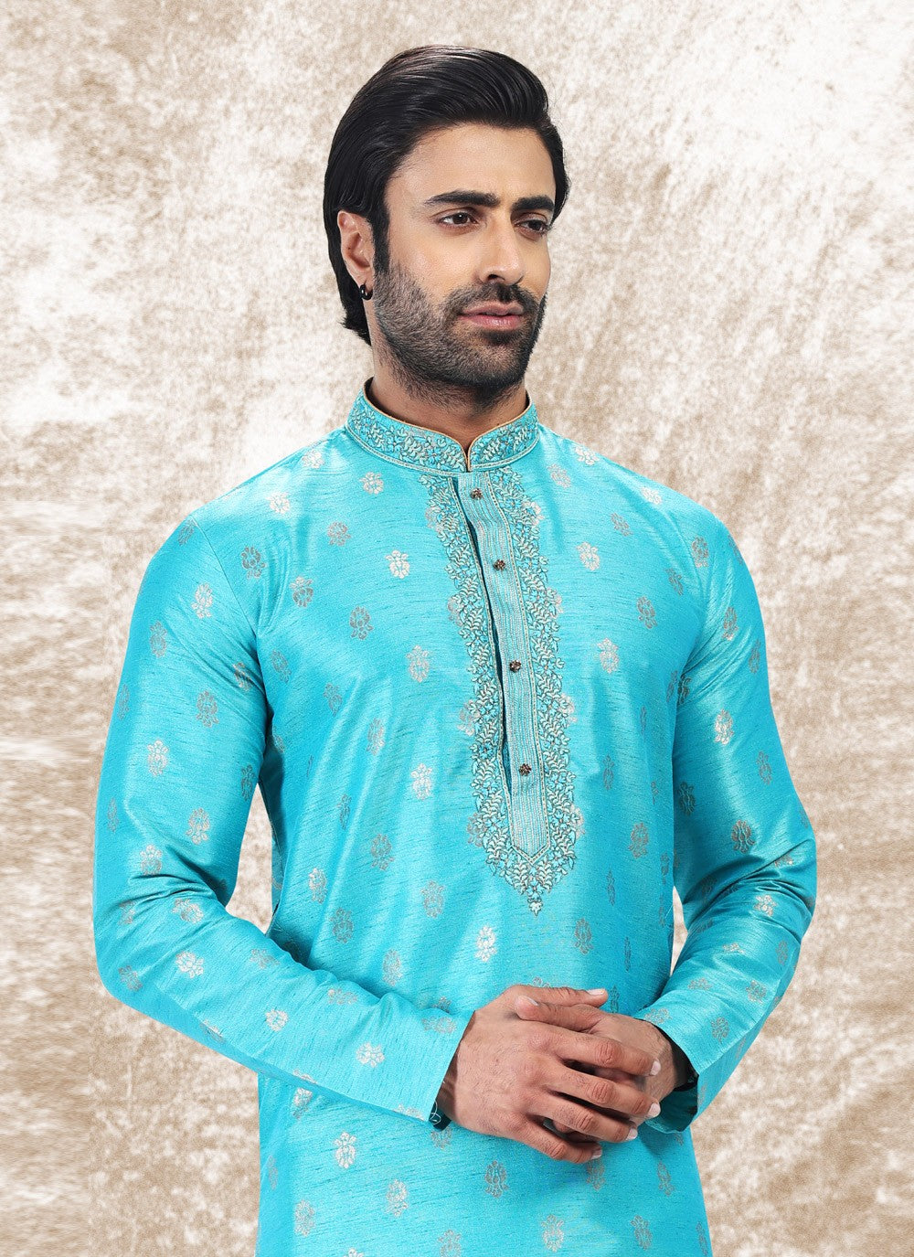 Fancy Work Brocade, Jacquard Silk Turquoise Kurta Pyjama - M4852