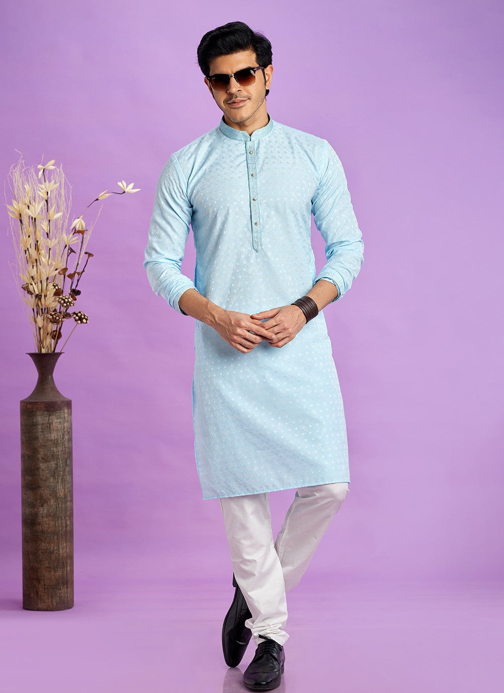 Fancy Work Jacquard Silk Turquoise Kurta Pyjama - M6919