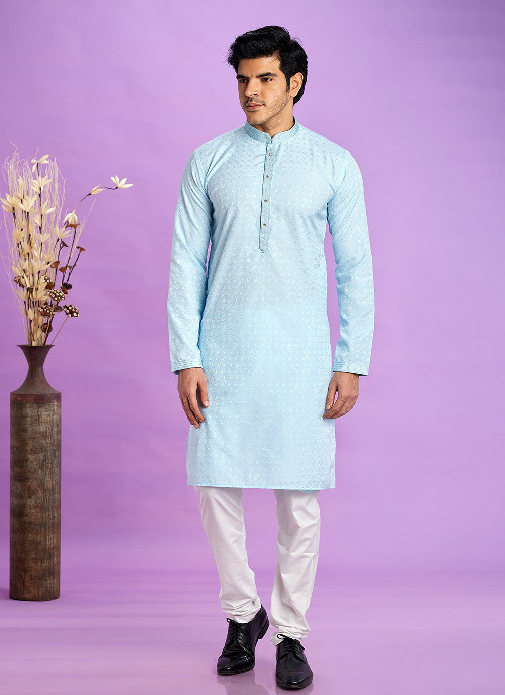 Fancy Work Jacquard Silk Turquoise Kurta Pyjama - M6919