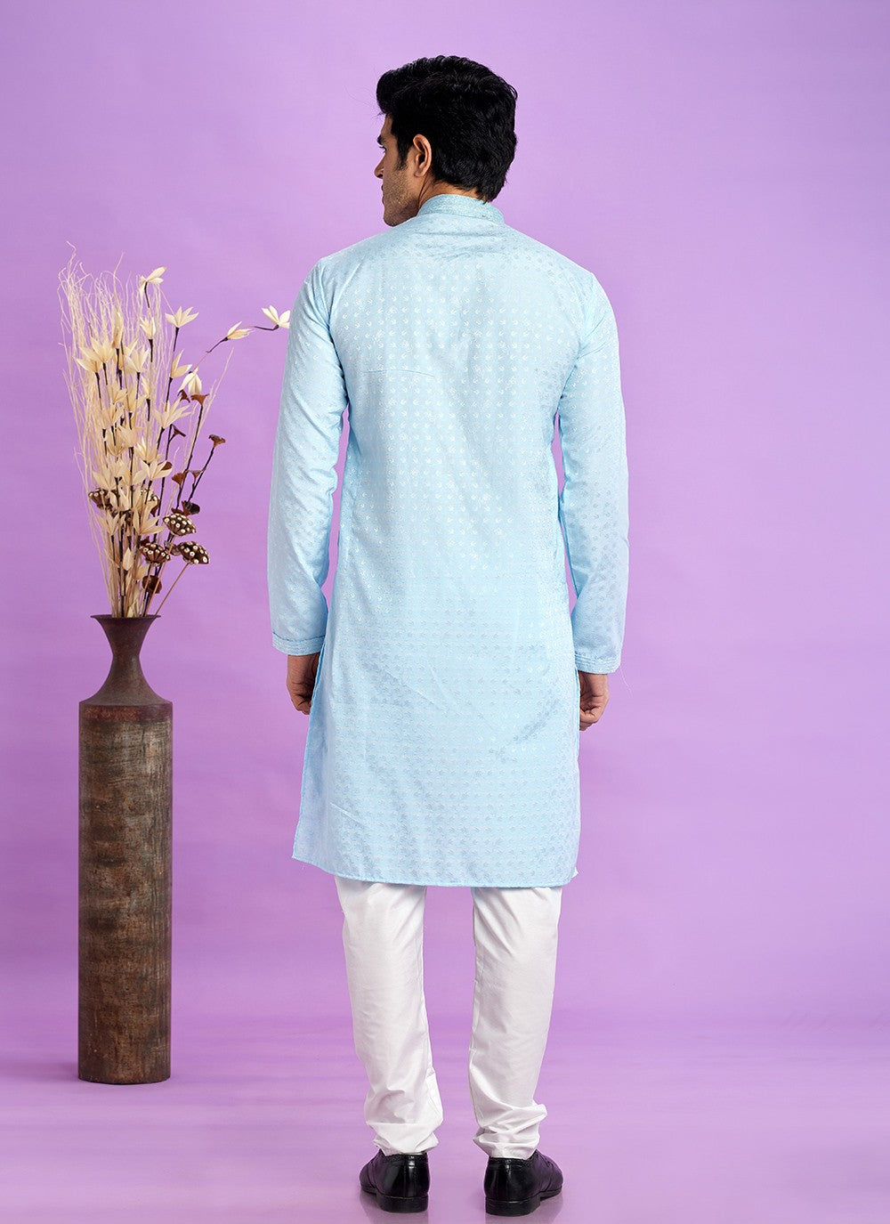 Fancy Work Jacquard Silk Turquoise Kurta Pyjama - M6919