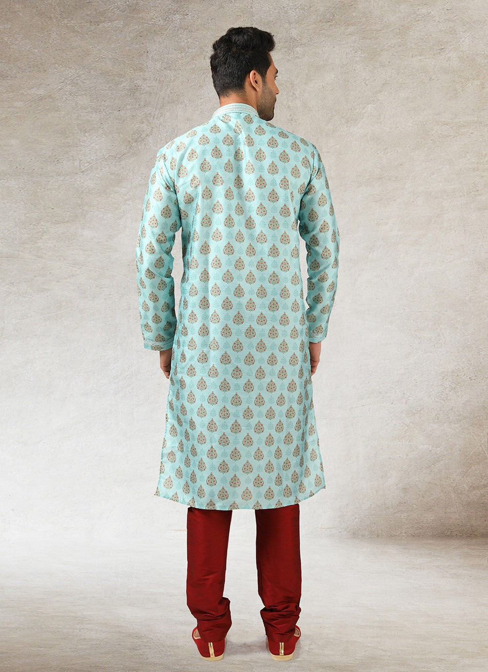 Printed Art Silk Turquoise Kurta Pyjama - M2864