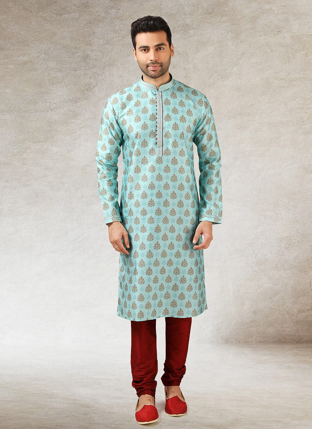 Printed Art Silk Turquoise Kurta Pyjama - M2864