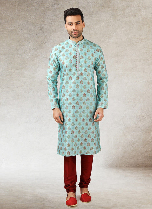 Printed Art Silk Turquoise Kurta Pyjama - M2864