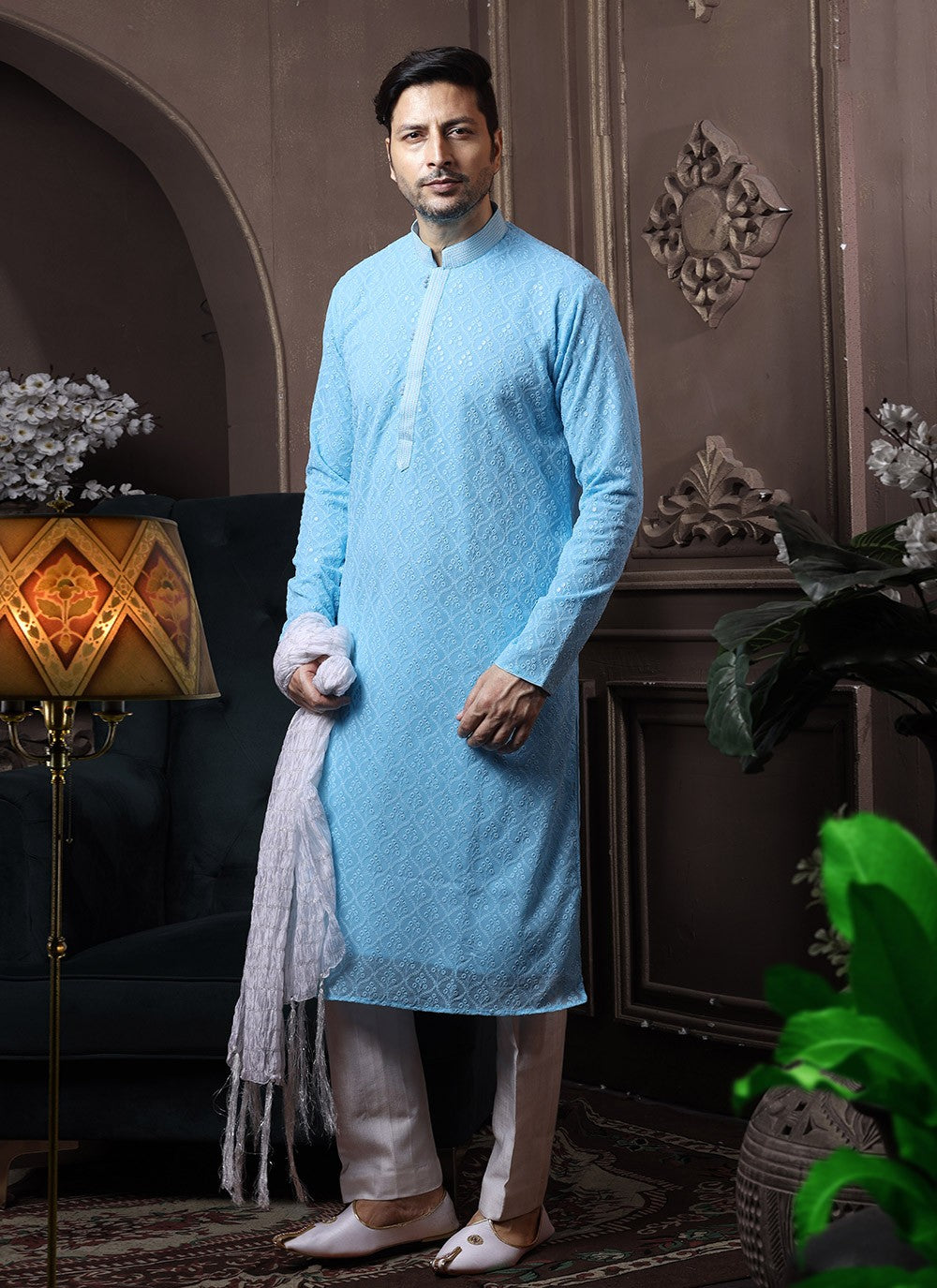 Embroidered Georgette, Lucknowi Turquoise Kurta Pyjama - M3646