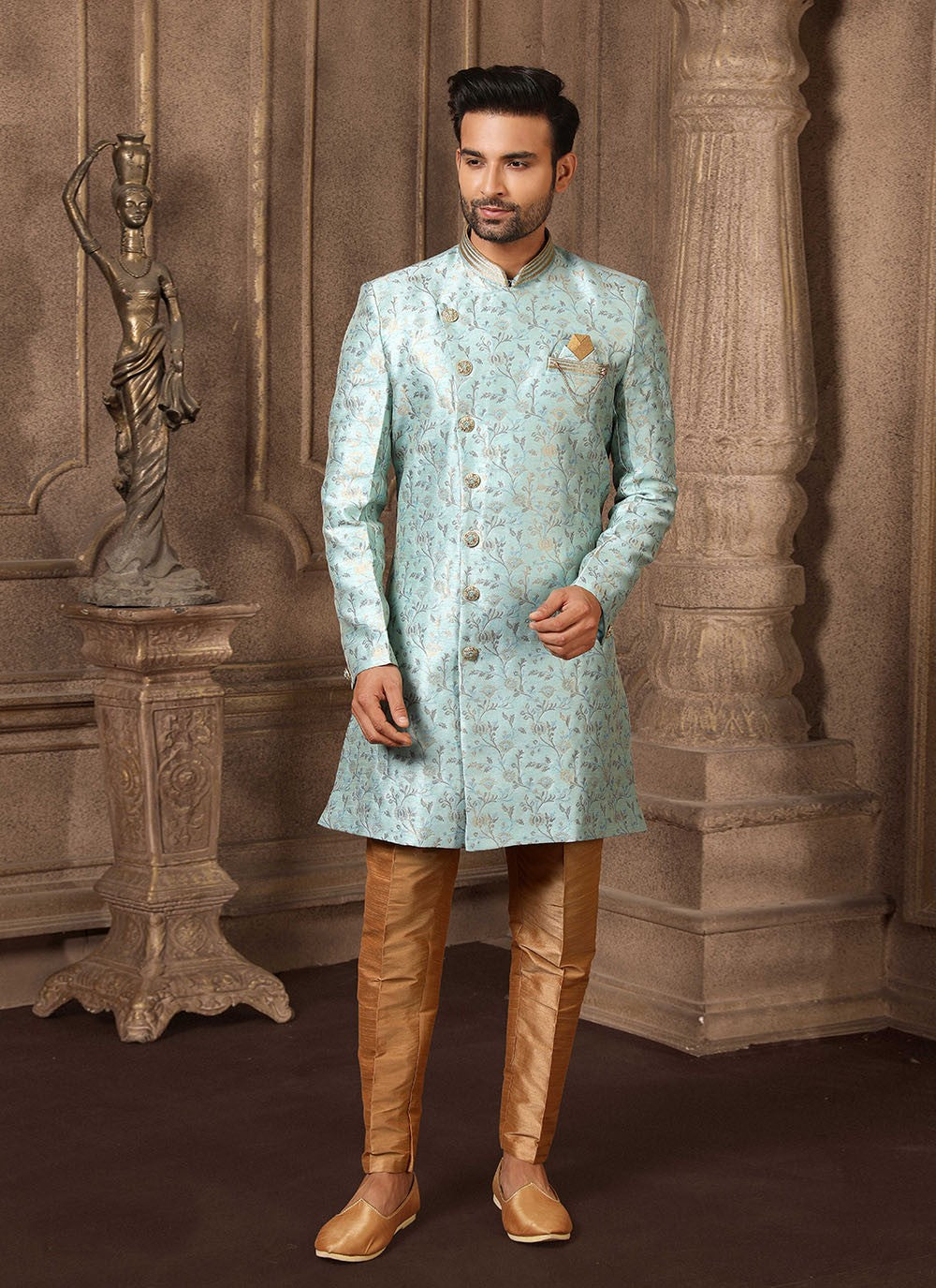 Jacquard Work Brocade, Jacquard Silk Turquoise Indo Western - M2539