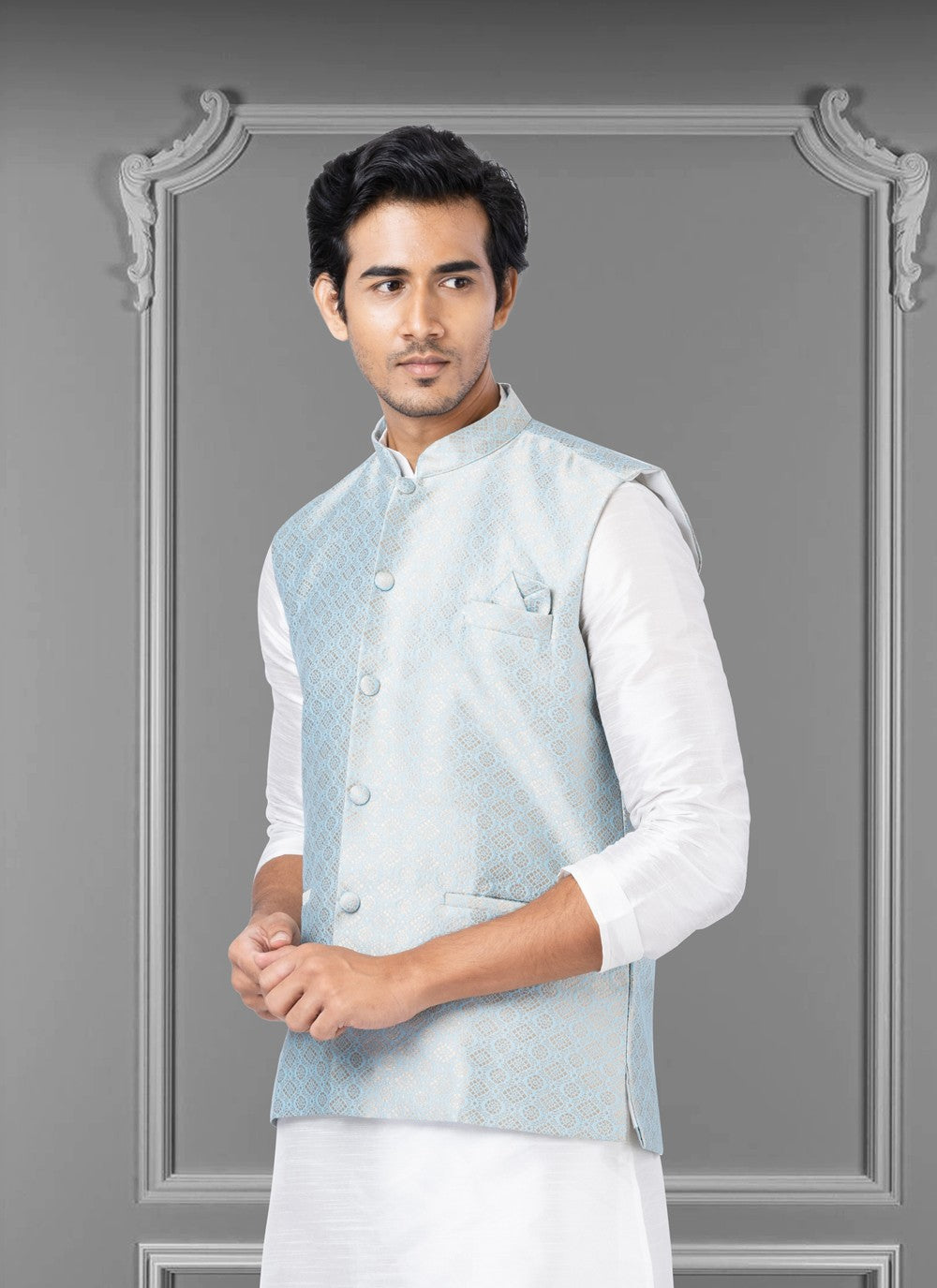 Embroidered Jacquard Silk Turquoise Nehru Jackets - M3819