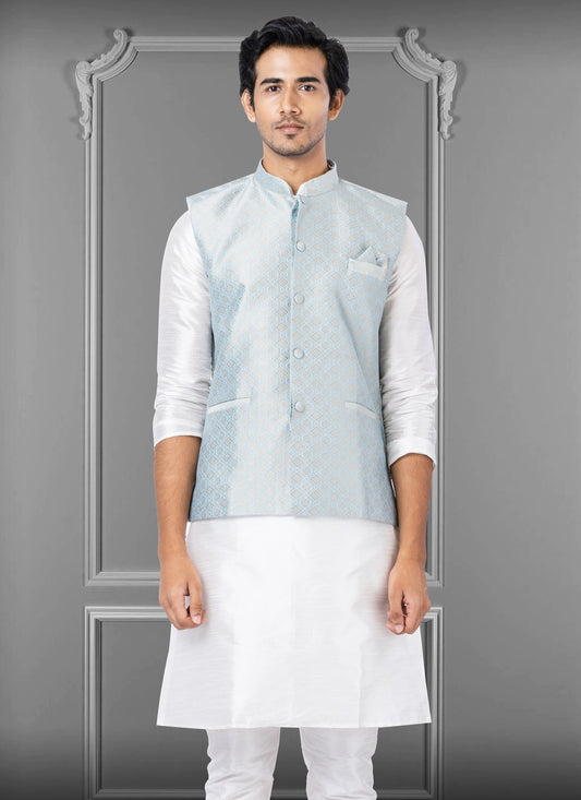 Embroidered Jacquard Silk Turquoise Nehru Jackets - M3819