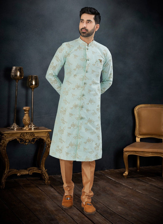 Embroidered Jacquard Turquoise Kurta Pyjama - M7131