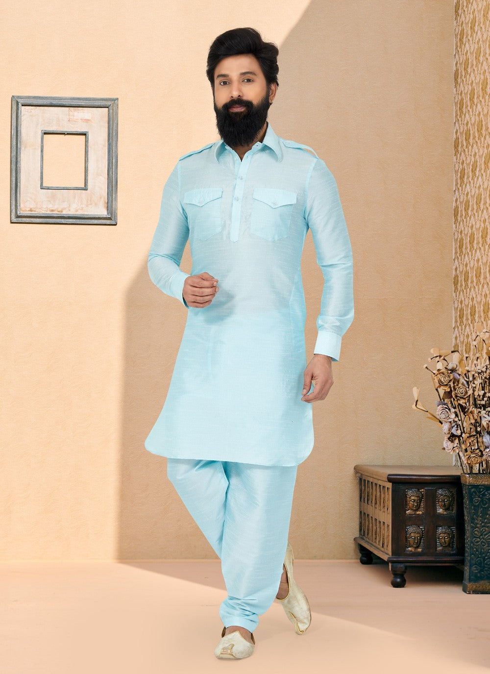 Plain Dupion Silk Turquoise Kurta Pyjama - M5021