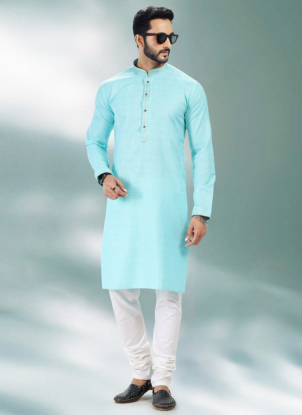 Plain Cotton , Linen Turquoise Kurta Pyjama - M4910