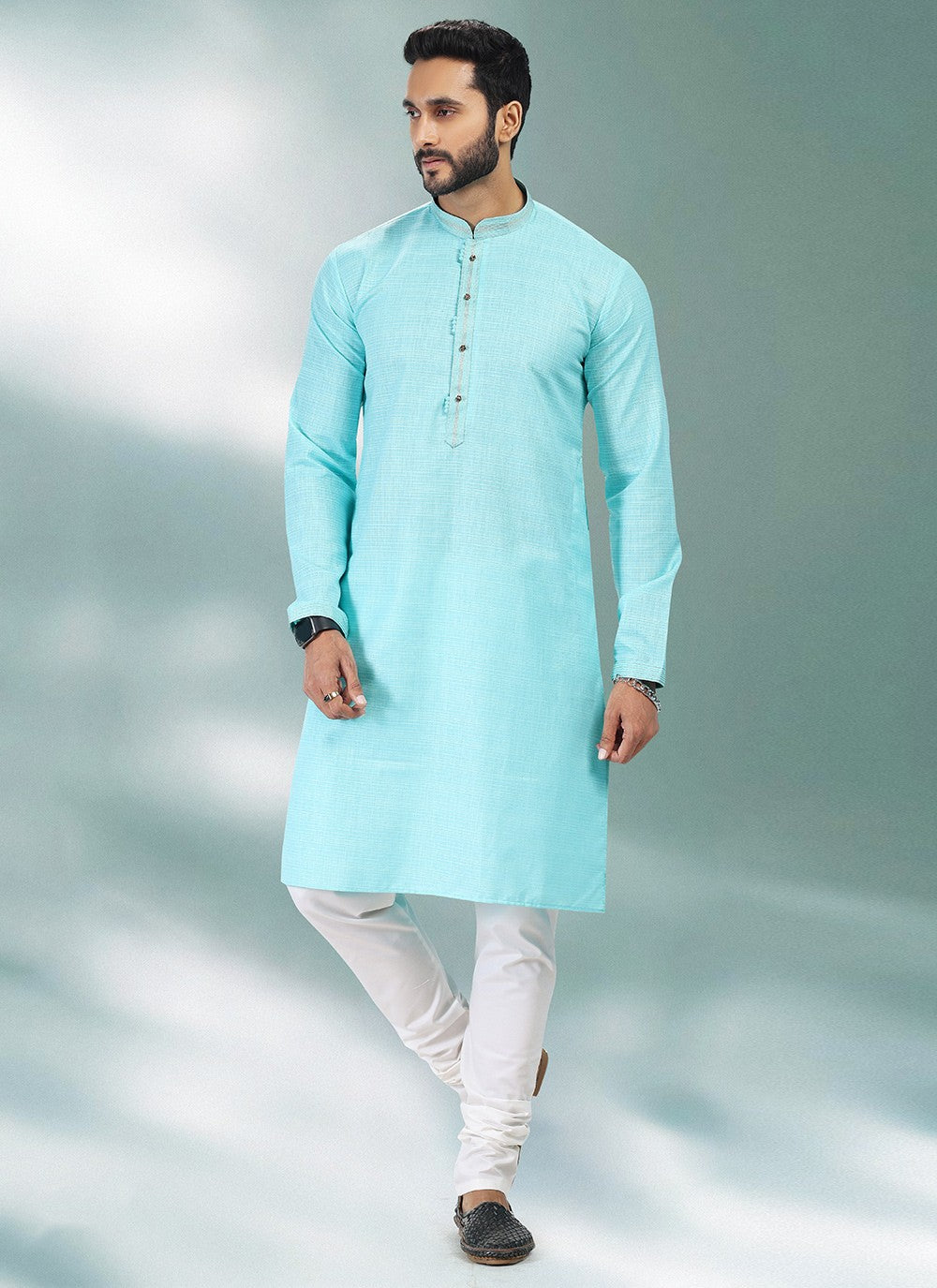 Plain Cotton , Linen Turquoise Kurta Pyjama - M4910