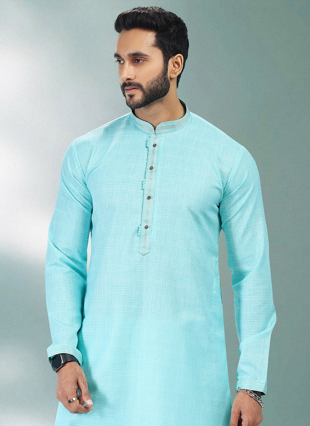 Plain Cotton , Linen Turquoise Kurta Pyjama - M4910