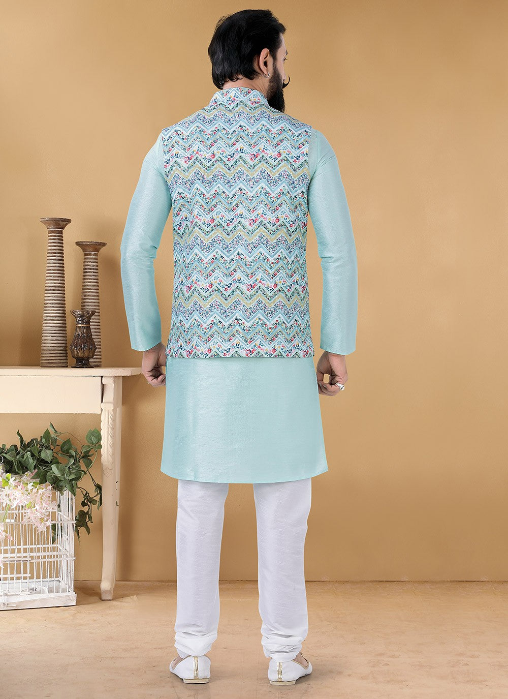 Printed Cotton Turquoise Kurta Payjama With Jacket - M3141