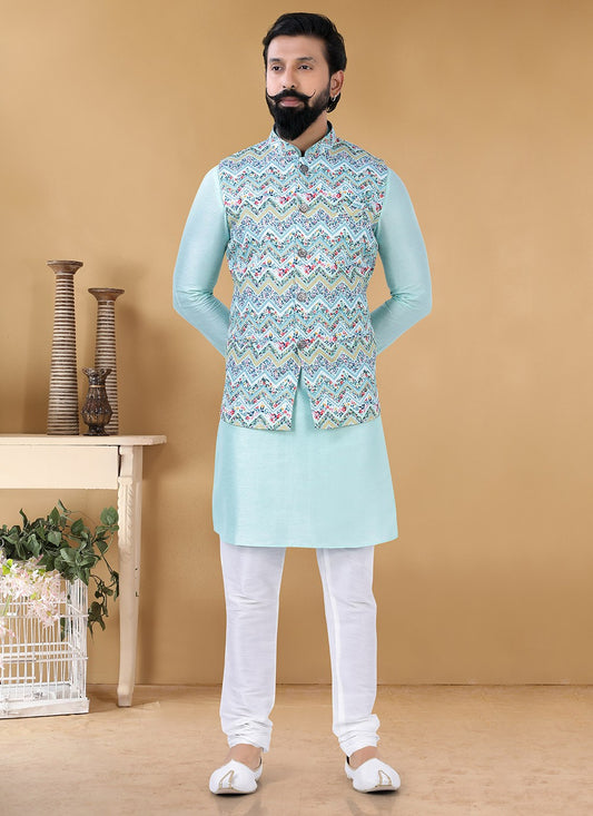 Printed Cotton Turquoise Kurta Payjama With Jacket - M3141