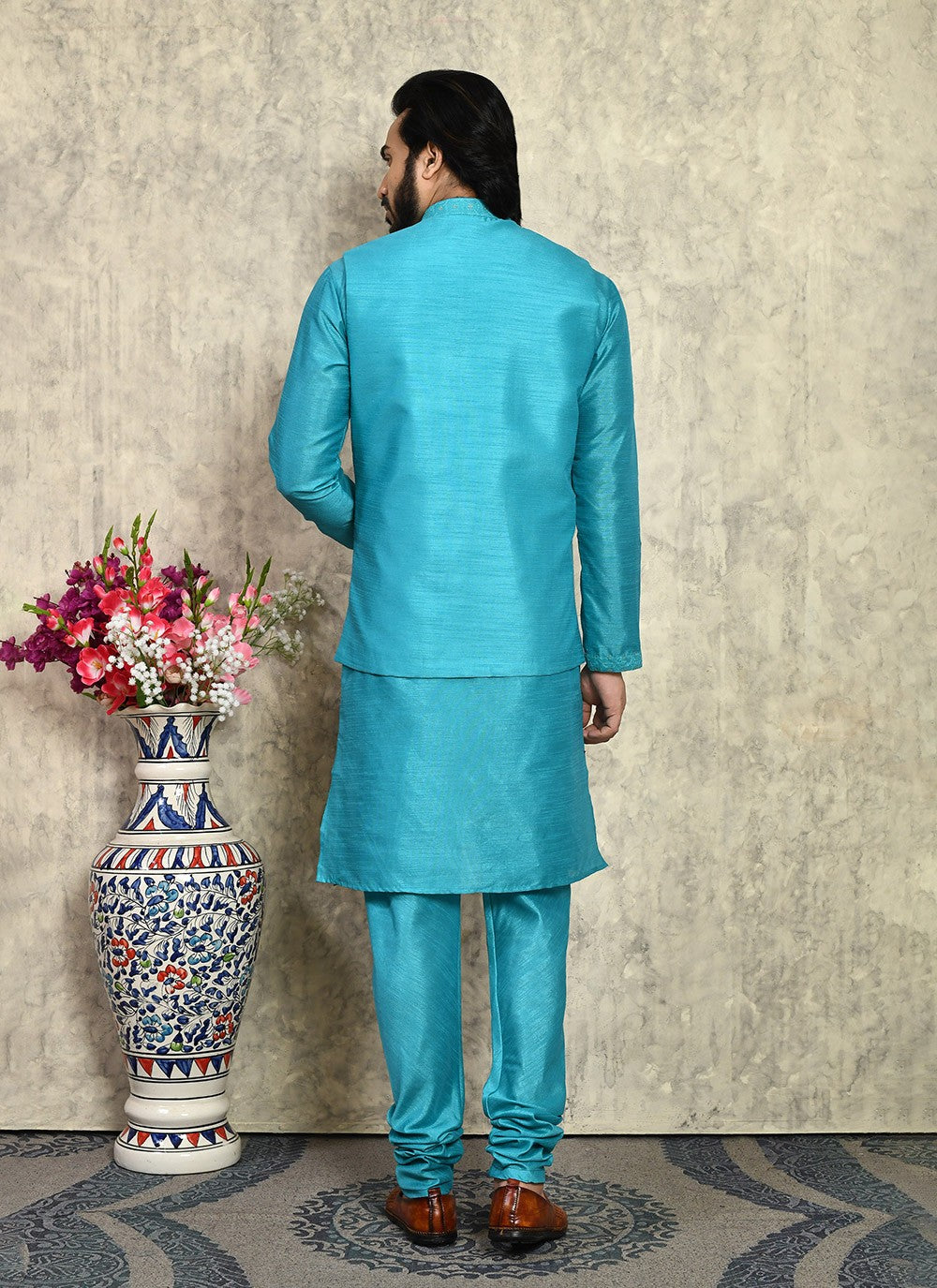 Embroidered Art Silk Turquoise Kurta Payjama With Jacket - M8000