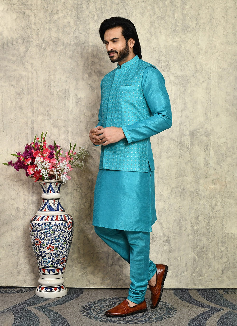 Embroidered Art Silk Turquoise Kurta Payjama With Jacket - M8000