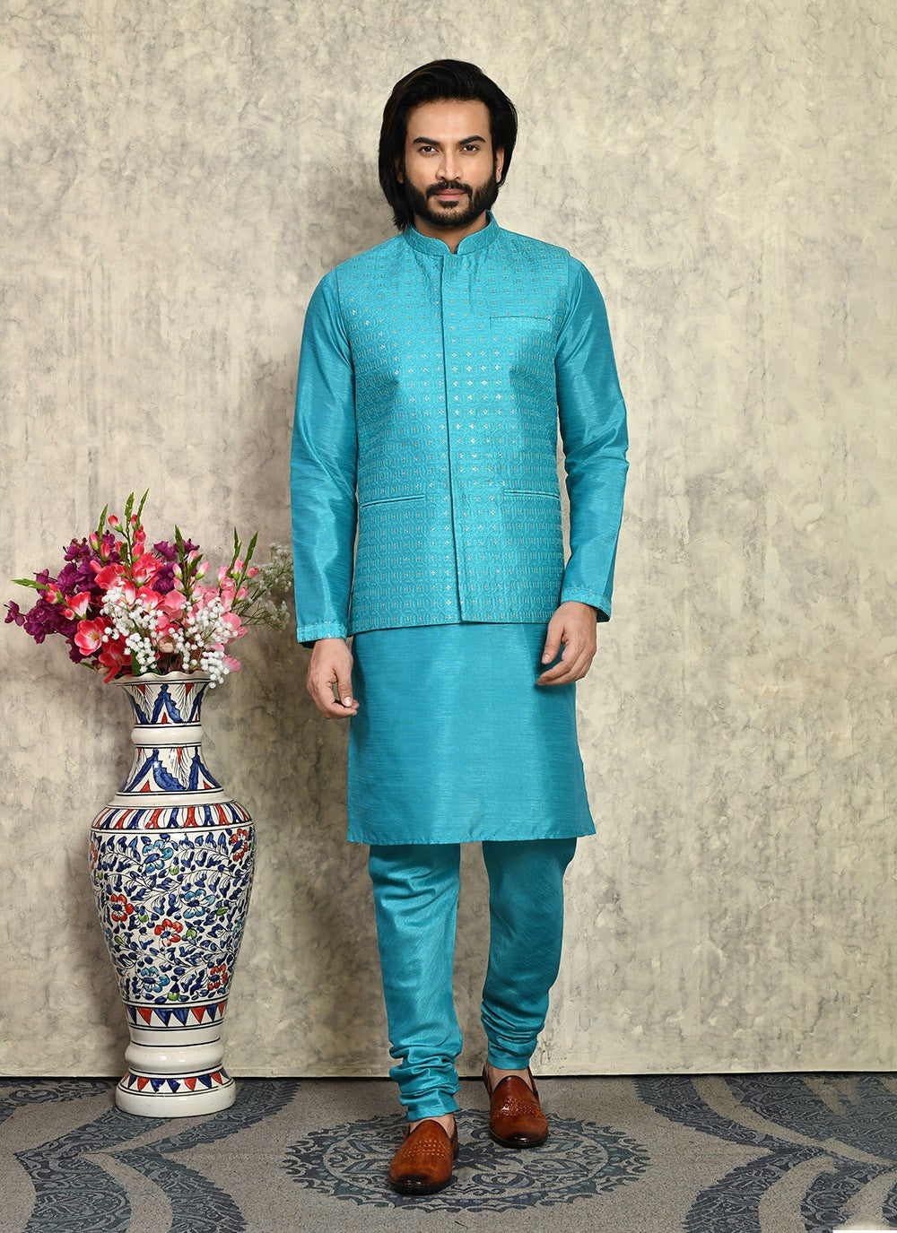 Embroidered Art Silk Turquoise Kurta Payjama With Jacket - M8000