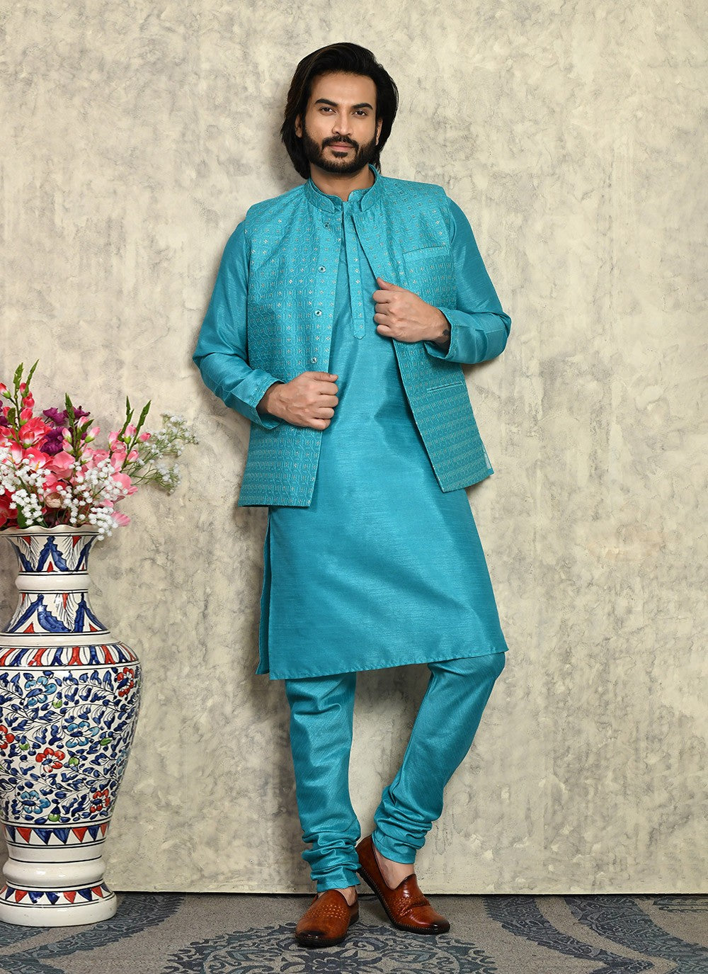 Embroidered Art Silk Turquoise Kurta Payjama With Jacket - M8000