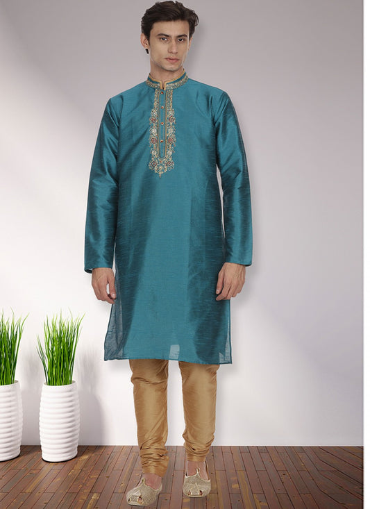 Patch Art Dupion Silk Turquoise Kurta Pyjama - M1127