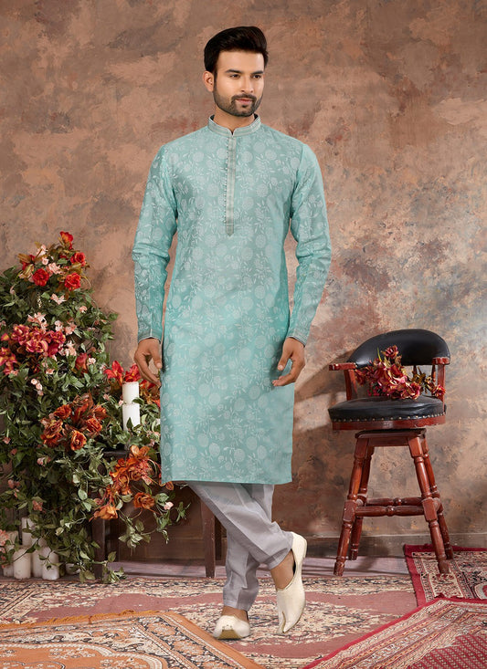 Digital Print Silk Turquoise Kurta Pyjama - M3041