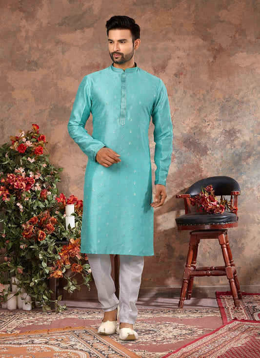 Stones Silk Turquoise Kurta Pyjama - M3012