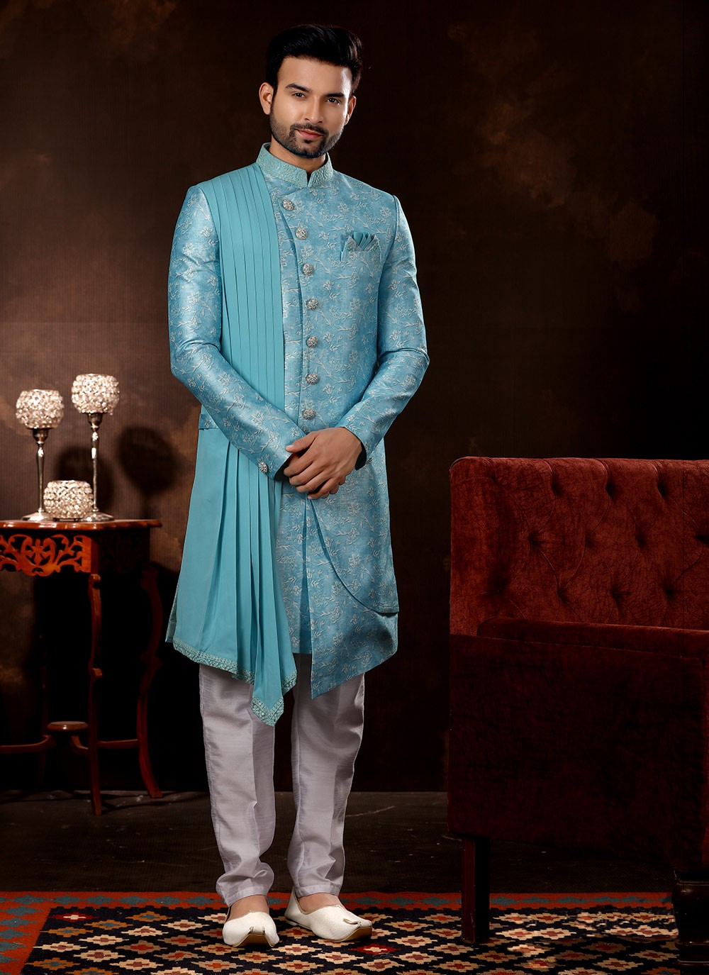 Embroidered Fancy Fabric Turquoise Sherwani - M3079