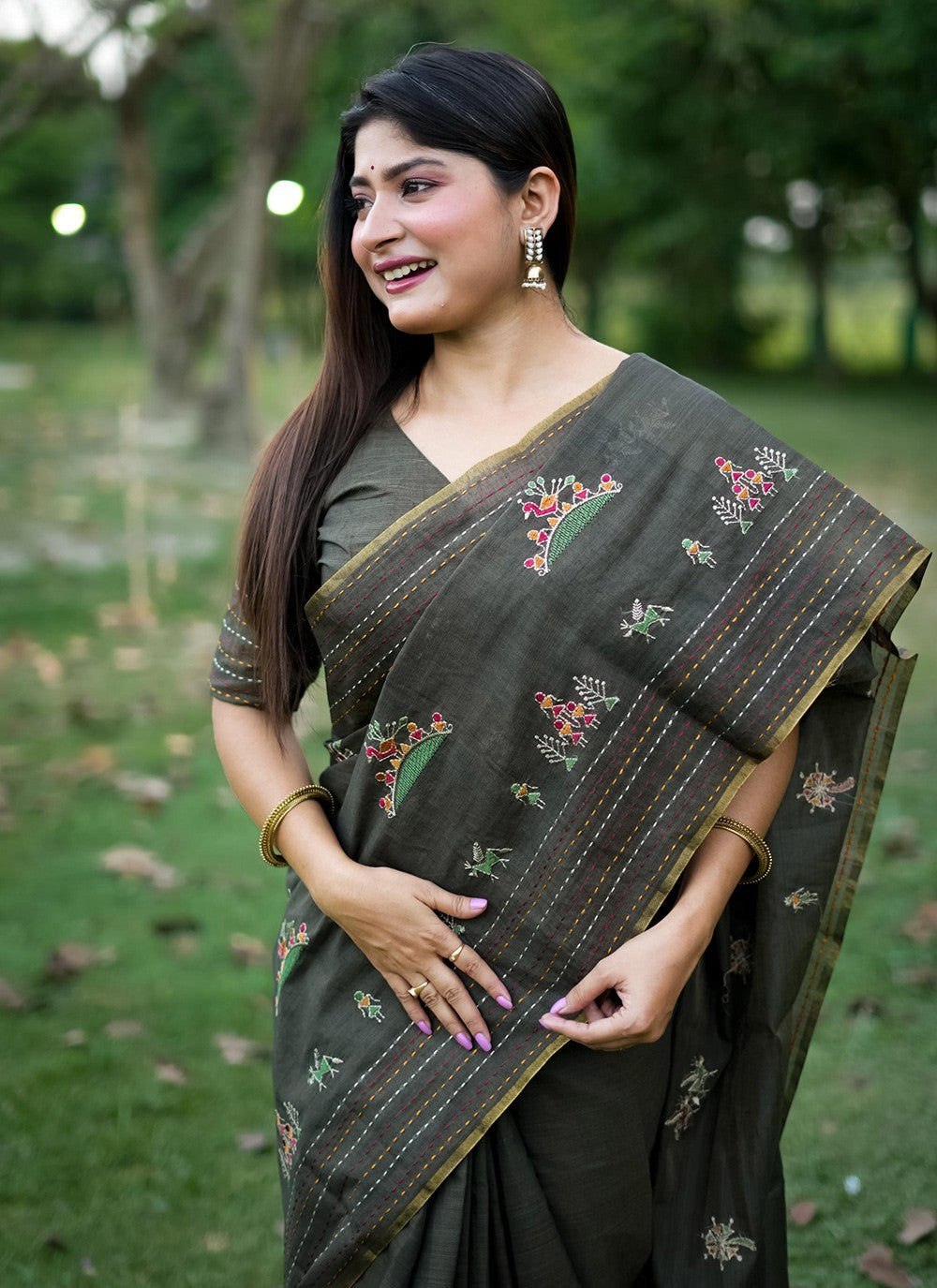 Trendy Embroidered Khadi, Tussar Silk Saree - S10482