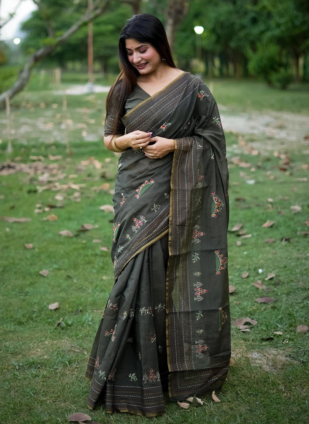 Classic Embroidered Khadi, Tussar Silk Orange Saree - S10807