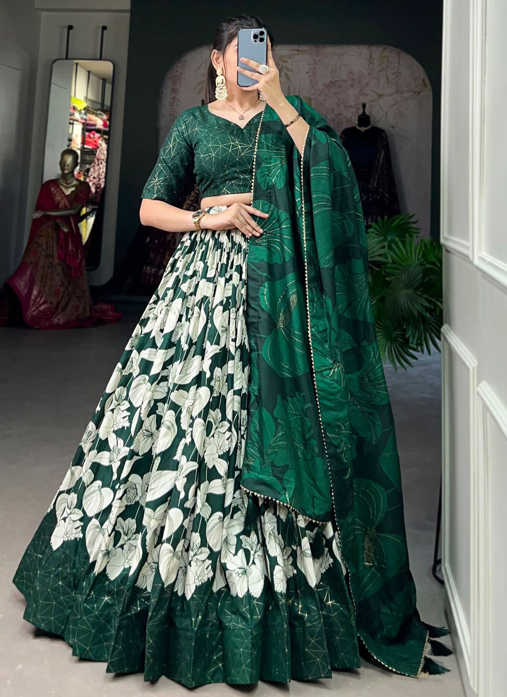 Floral Printed Tussar Silk A - Line Lehenga - L1787